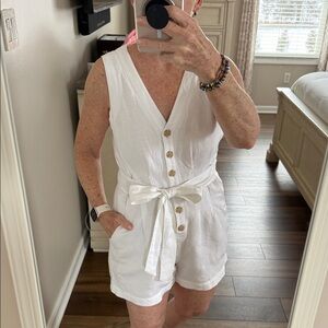 LOFT White Sleeveless Button Up Romper with Tie